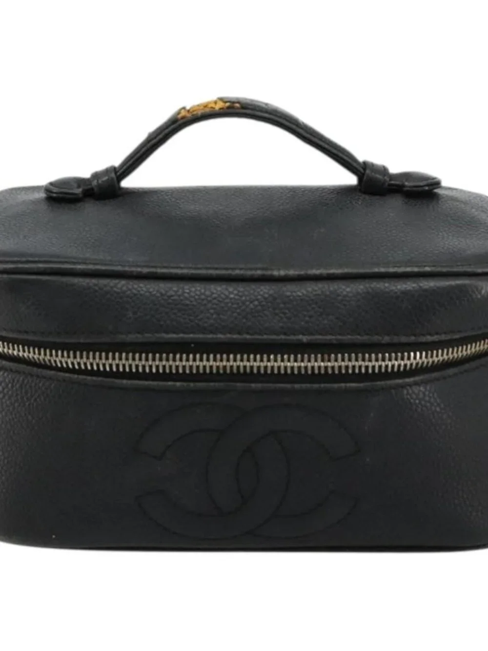 CHANEL Vanity Hand Bag Grained Calf Skin Black Gold CC Auth 176421